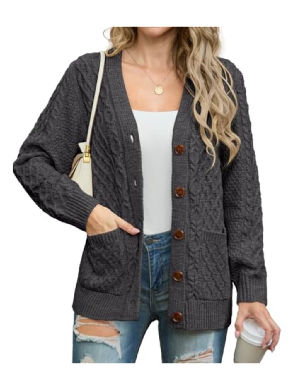 Cable Knit Open Front Cardigan Long Sleeve Button Down with Pockets